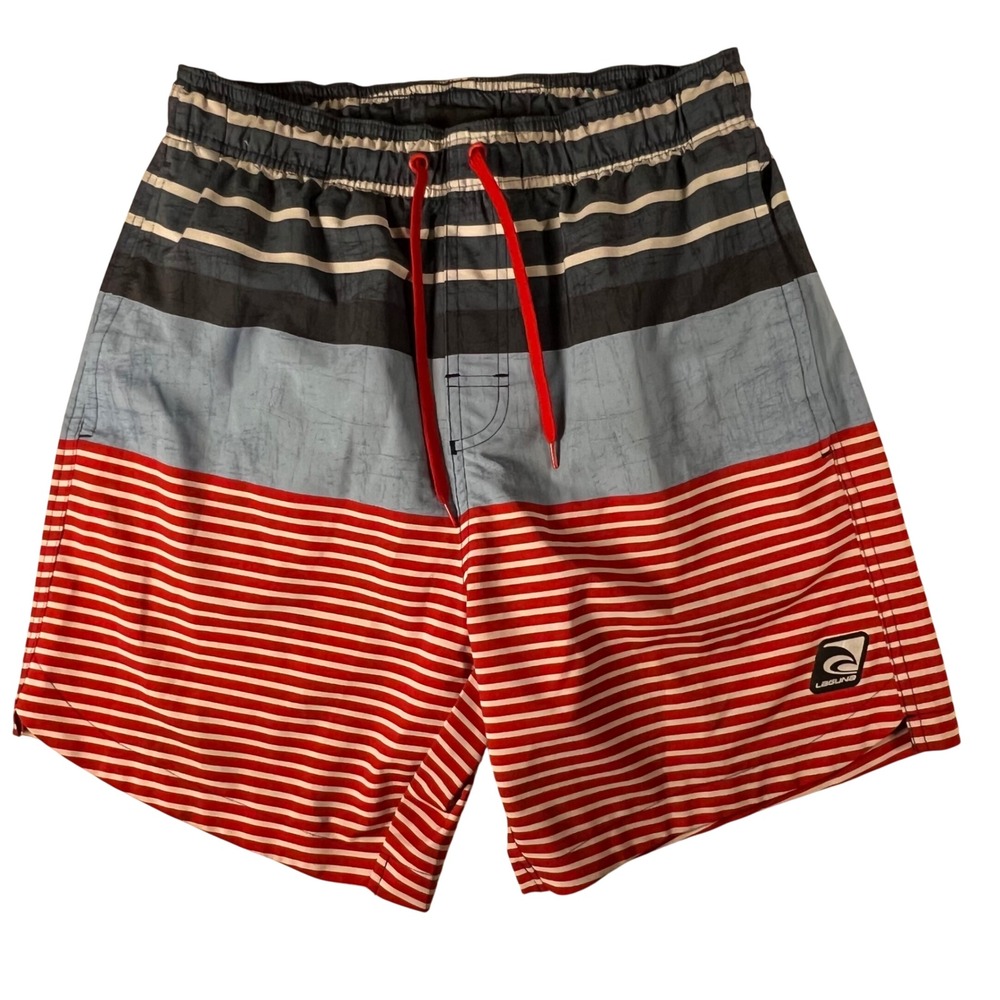 Laguna Mens Striped Swim Trunks Red Blue White Board Shorts Size Medium